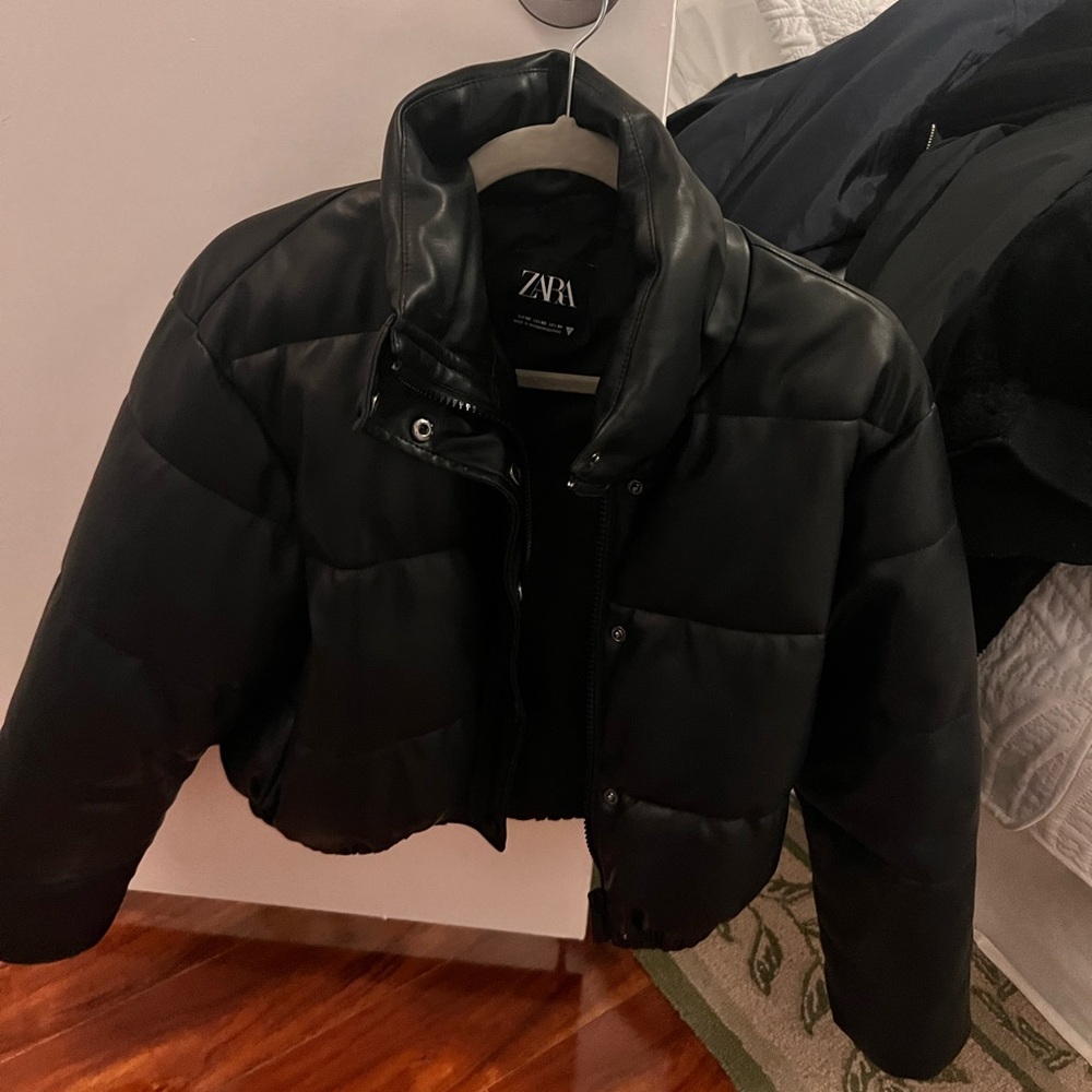 Zara Leather Cropped Puffer Jacket
